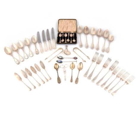 A collection of silver flatware,comprising: a set of five George III Fiddle and Thread pattern dessert spoons by William Bate
