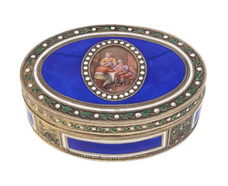 A 19th century French silver-gilt and enamel snuff box, maker's mark indistinct, in the 18th century manner, oval form, dark 