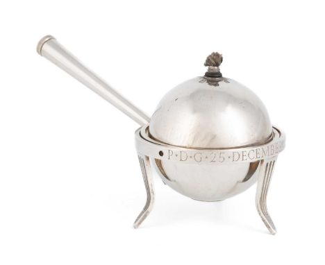 By Leslie Durbin, a modern silver table lighter,London 1992,gimballed sphere form, tapering handle with twist-off end, inscri
