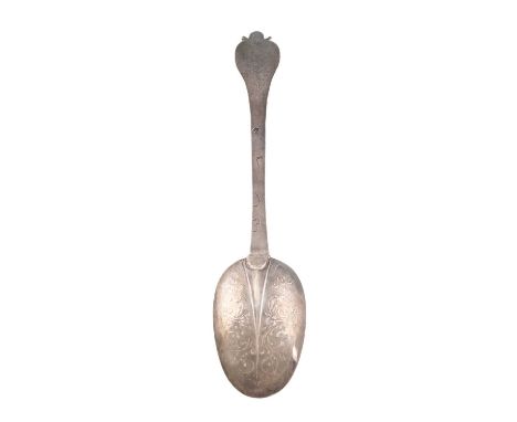 A William and Mary silver Lace-back Trefid spoon, by Dorothy Grant, London 1691, oval bowl, the reverse with a raised rat-tai