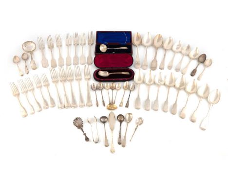 A mixed lot of silver flatware,comprising: a set of six Fiddle pattern table forks, Sheffield 1865, six further table forks, 