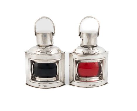 A pair of late-Victorian novelty silver 'Port' &amp; 'Starboard' ship lantern inkwells, by Samuel Jacob, London 1897, with gr