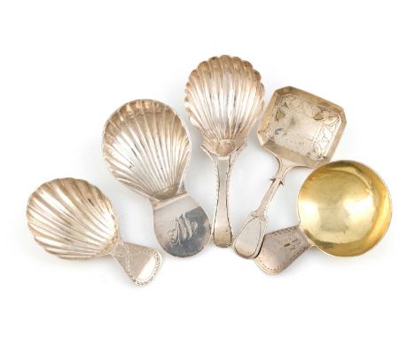 A collection of five antique silver caddy spoons, comprising: a George III one, by Cocks and Bettridge, Birmingham 1812, rect
