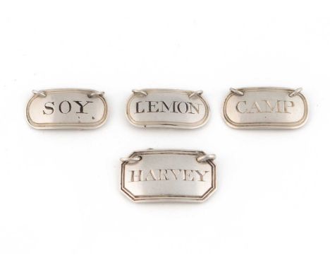 A set of three George III silver sauce labels, by Phipps & Robinson, London circa 1800, oblong form with reeded border, incis