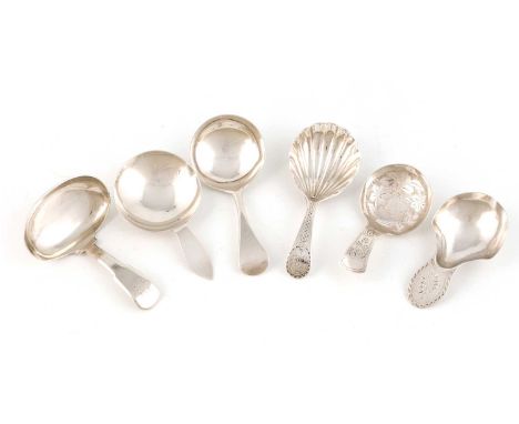 A collection of six silver caddy spoons,various dates and makers,comprising: one by Richard Crossley, London 1789, one London
