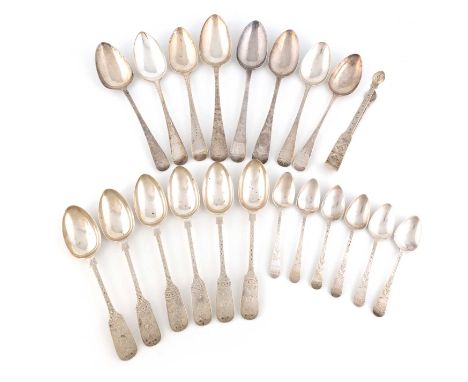 A collection of antique silver flatware with Channel Islands decoration,comprising: a set of six Fiddle pattern dessert spoon