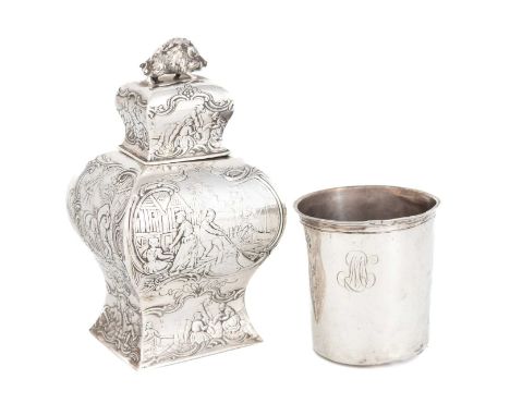 A German silver tea caddy,by Neresheimer of Hanau, with import marks for Chester 1909, importer's mark of Berthold Muller, re