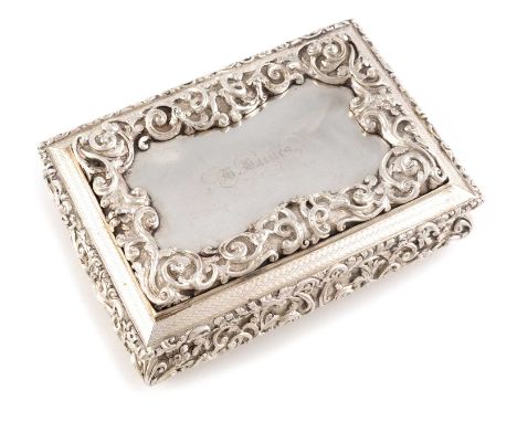 A Victorian silver table snuff box, by Nathaniel Mills, Birmingham 1844,rectangular form with scroll foliate and engine-turne