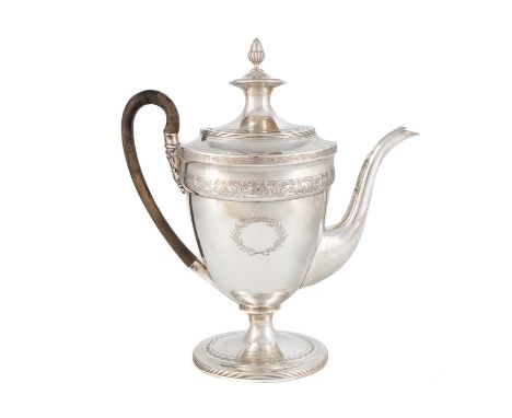 A George III silver coffee pot,by John Emes, London 1800,tapering oval form with engraved scroll foliate borders, domed hinge