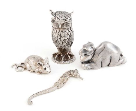 A small collection of modern silver animals,comprising: an owl by Marlow Brothers, London 1981, a seahorse with the maker's m