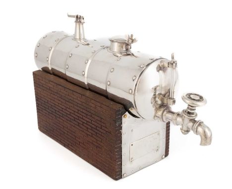 A 19th century silver spirit flask modelled as a boiler,unmarked, the stand dated 1848,modelled as a water/fire tube boiler, 