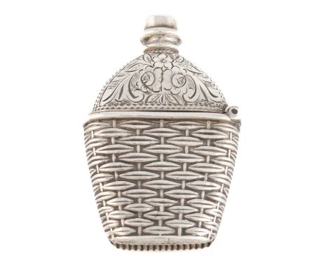 A late-Victorian novelty silver vesta case,by Adie &amp; Lovekin Ltd, Birmingham 1895,modelled as a flask in a basket, engrav