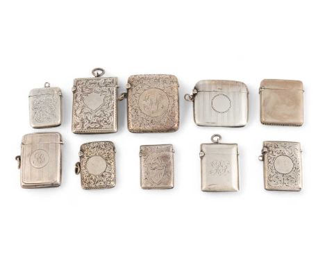 A collection of ten silver vesta cases, various dates and makers,rounded rectangular form, comprising: six with engraved foli