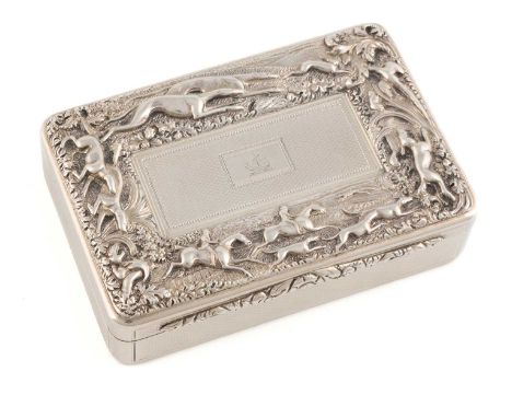 A George IV silver snuff box,by John Linnit, London 1824,rectangular form with an embossed hunting scene border and engine-tu