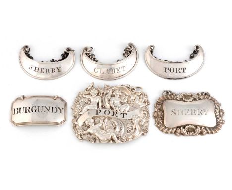 A collection of antique silver wine labels, comprising: one by Sampson Mordan, London 1840, rectangular shaped form, with Bac