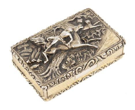 A William IV silver-gilt raised relief snuff box, Mazeppa, by Edward Smith, Birmingham 1833, rectangular form, the hinged cov