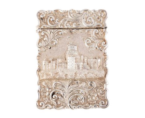 An early-Victorian silver 'castle-top' card case, Windsor Castle, by F. Marston, Birmingham 1849, rectangular form, hinged co