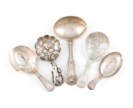 A collection of five antique silver caddy spoons, including: a William IV Kings Hourglass one, by Emmanuel Levy, Exeter 1836,