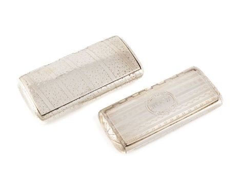 An early-Victorian silver snuff box,by Nathaniel Mills, Birmingham 1846,slender rounded rectangular form, engraved with bands