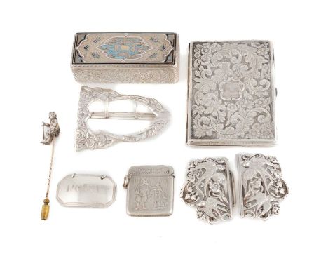 A mixed lot of small silver vertu items,comprising: a Victorian silver notebook and card case by Frederick Marson, Birmingham