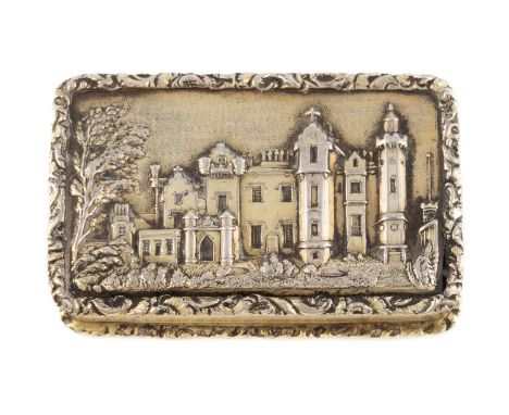A William IV silver-gilt 'castle-top' vinaigrette, Abbotsford House, by Taylor and Perry, Birmingham 1836, rectangular form, 