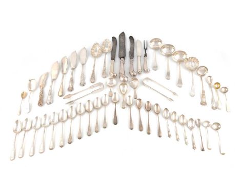 A mixed lot of silver flatware,various dates and makers,comprising: five sauce ladles, five butterknives, a pair of tablespoo