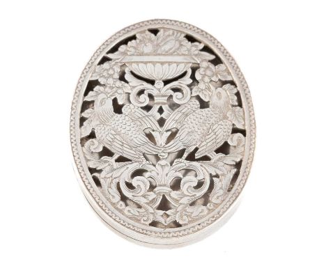 An 18th century continental silver box, unmarked, probably for spices or scent, oval form, the hinged cover engraved and pier