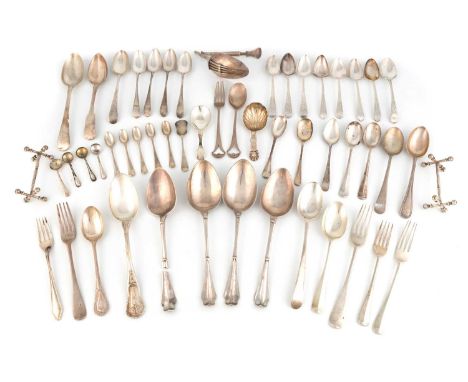A mixed lot of silver flatware, comprising: a continental folding fork and spoon, the terminal with a crest, a set of five mi