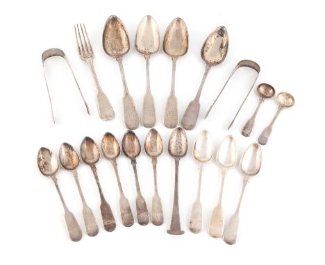 A collection of Channel Islands silver flatware,by Charles William Quesnel, Jersey 1790-1856,comprising: four Fiddle pattern 