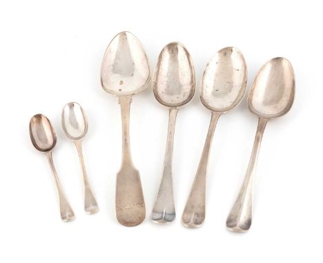 A small collection of Channel Islands silver flatware,comprising: a pair of Hanoverian tablespoons and teaspoons by Pierre Am