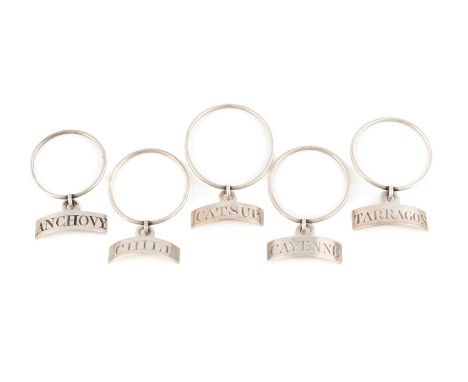 A matched set of five George III silver ring neck sauce labels, by Robert Garrad, London 1806 and 1807, rectangular forms, in