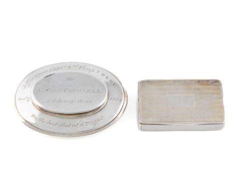 A George III silver snuff box, by John Reily, date letter worn,oval form, engraved with a presentation inscription to Charles