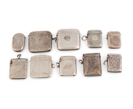 A collection of ten silver vesta cases, various dates and makers,rounded rectangular form, comprising: six with engraved foli
