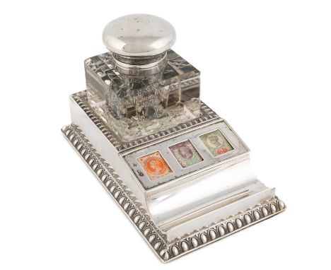 An Edwardian silver inkstand,by J Batson &amp; Sons, overstamped by Goldsmiths &amp; Silversmiths Co., London 1901, rectangul