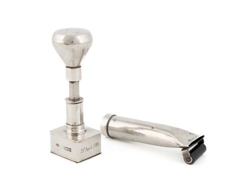 An Edwardian silver stamp moistener and stamper,by William Hornby, London 1902,a tapering circular form moistener on a cylind