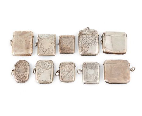 A collection of ten silver vesta cases, various dates and makers,rounded rectangular form, comprising: six with engraved foli