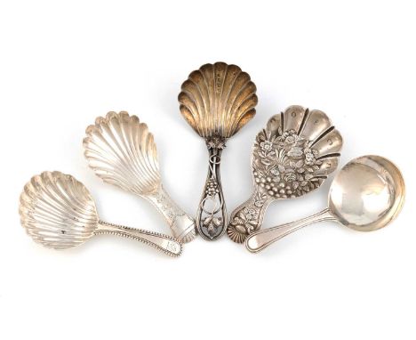 A collection of five antique silver caddy spoons, including: a George IV one by Joseph Willmore, Birmingham 1824, fluted oval