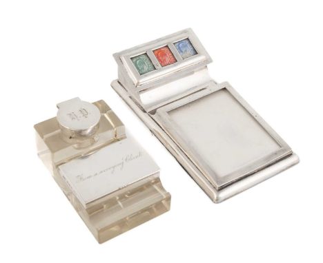 An Edwardian silver-mounted glass inkwell and stamp box,by John Grinsell &amp; Sons, Birmingham 1905,stepped rectangular form