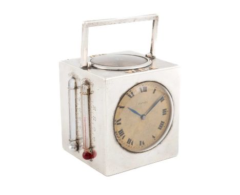 λ A silver travelling combination barometer, compass, thermometer, calendar and clock,  by Asprey & Co Ltd., London 1914, of 