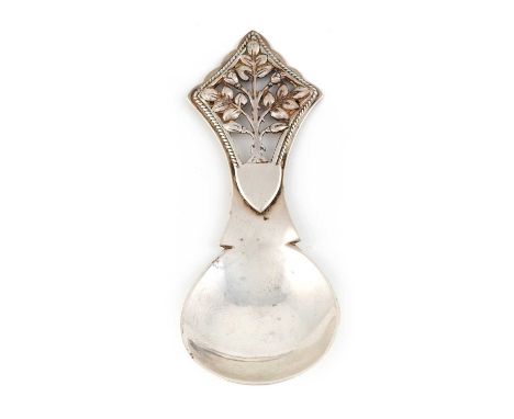 By H. G. Murphy, An Arts and Crafts silver Tree of Life caddy spoon, London 1938, also with the falcon mark, pierced tree han