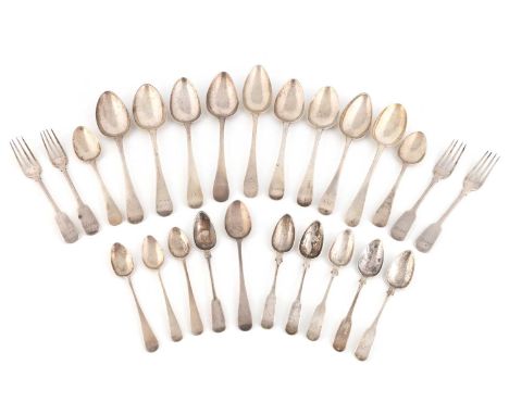 A collection of Channel Islands silver flatware,comprising: five tablespoons, three dessert spoons, four dessert forks and ni