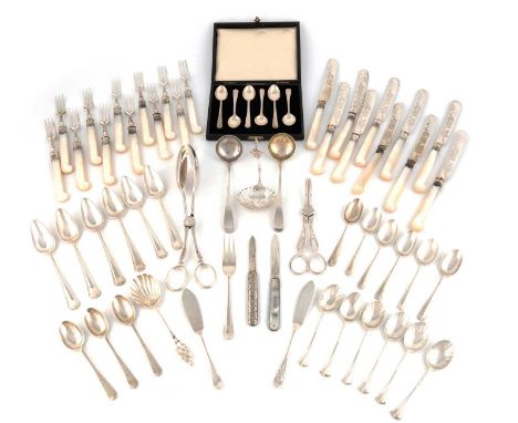 A mixed lot of silver flatware,various dates and makers,comprising: a pair of Victorian grape scissors, by E. Hutton, London 