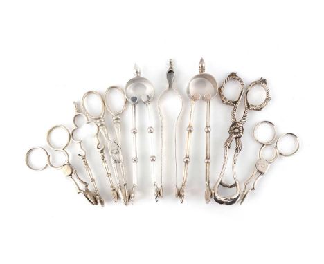 A collection of eight pairs of George IV and Victorian silver sugar nips and tongs, various dates and makers,  including: fou