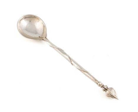 By Omar Ramsden, an Arts and Crafts silver spoon, London 1932, spot-hammered fig-shaped bowl, the tapering stem with stiff le