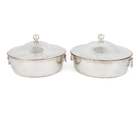 A pair of George III silver vegetable dishes and covers, by Andrew Fogelberg & Stephen Gilbert, London 1785, circular form, t