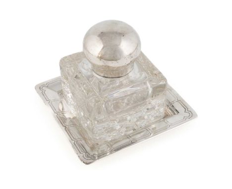 By Tiffany &amp; Co., an American silver inkwell stand,rectangular form with engraved rectangular decoration, length 14.5cm, 
