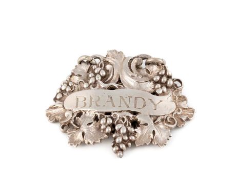 A George IV silver wine label,  by Robert Garrard, London 1828, shaped oval form with scroll grape and vine decoration, incis