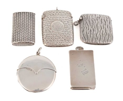 A collection of five silver vesta cases,various dates and makers,comprising: one by John Millward Banks, Chester 1900, with a