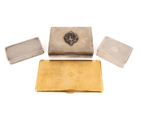 A mixed lot of silver items,comprising: a Regimental cigarette box, by Mappin and Webb, London 1937, the cover applied with t