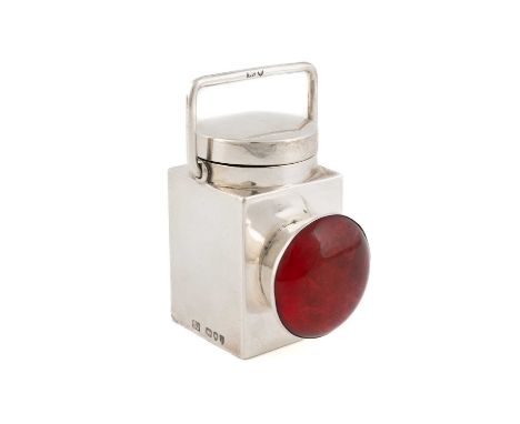 A late-Victorian novelty silver lantern stamp box/inkwell,by Samuel Jacob, London 1894, rectangular form with swing-handle, t